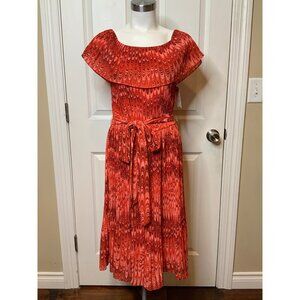 Michael Kors Red Marble Patterned Pleated Off-Shoulder Belted Dress, Size M NWT!